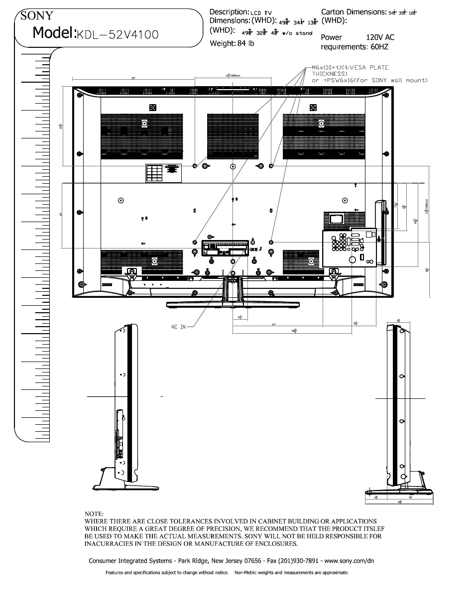 Sony, Model | Sony KDL-52V4100 User Manual | Page 2 / 3