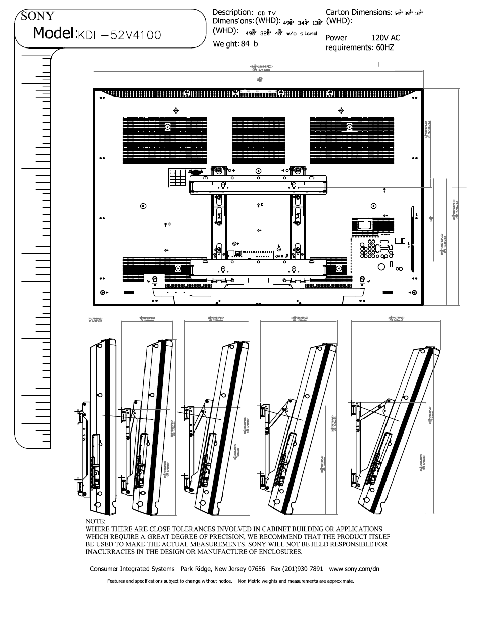 Sony, Model | Sony KDL-52V4100 User Manual | Page 3 / 3