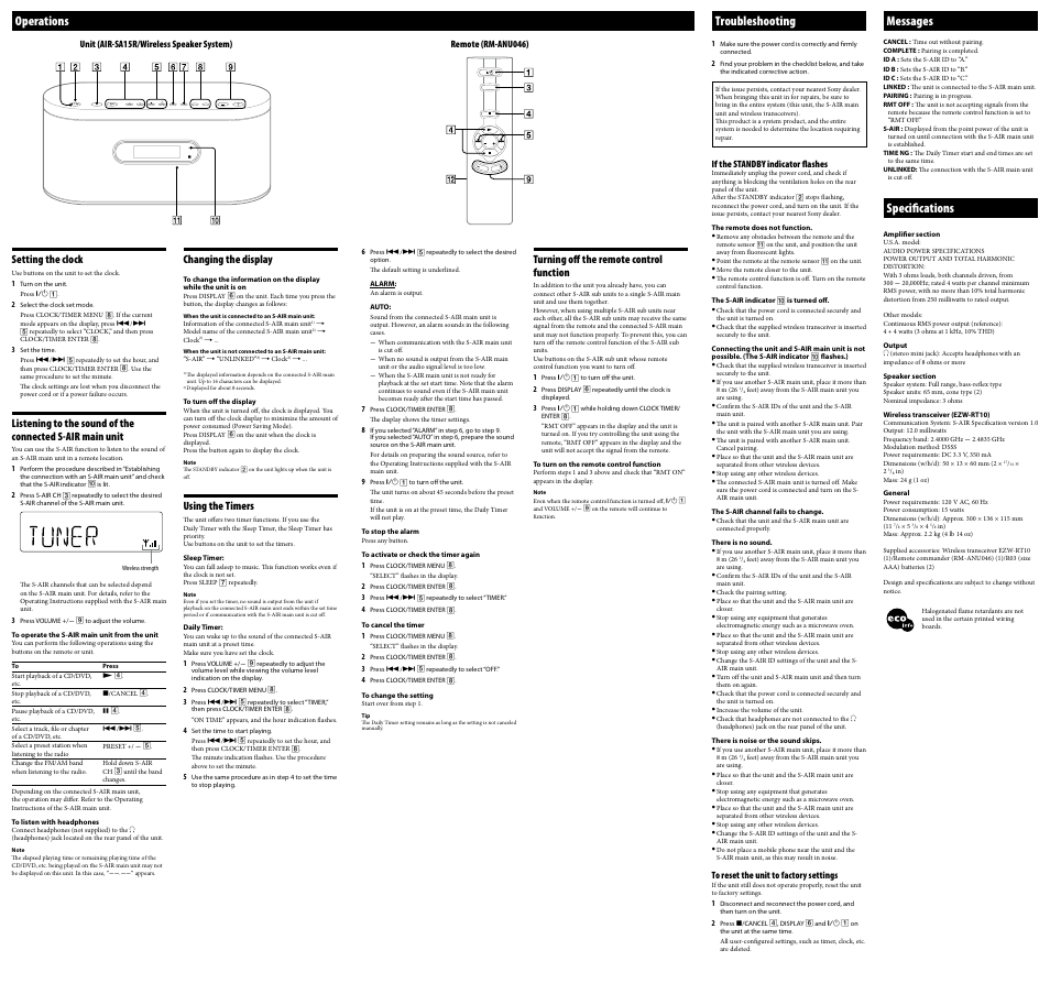 Operations, Troubleshooting, Messages | Specifications, Setting the clock, Changing the display, Using the timers, Turning off the remote control function | Sony AIR-SA20PK User Manual | Page 2 / 2