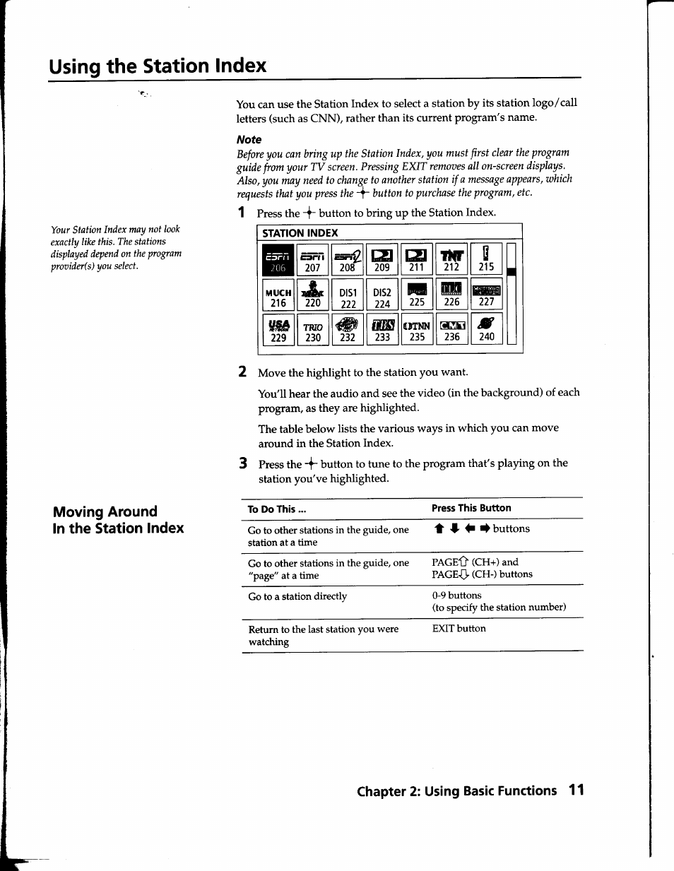 Using the station index, Chapter 2: using basic functions 11, Moving around in the station index | Sony SAT-B1 User Manual | Page 10 / 74