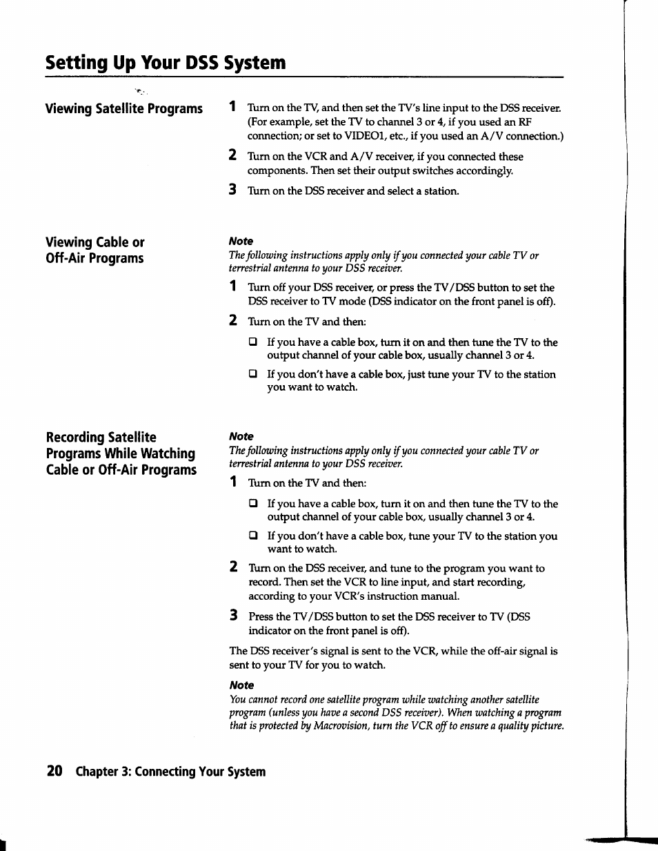 Setting up your dss system, Viewing satellite programs, Viewing cable or off-air programs | Sony SAT-B1 User Manual | Page 18 / 74