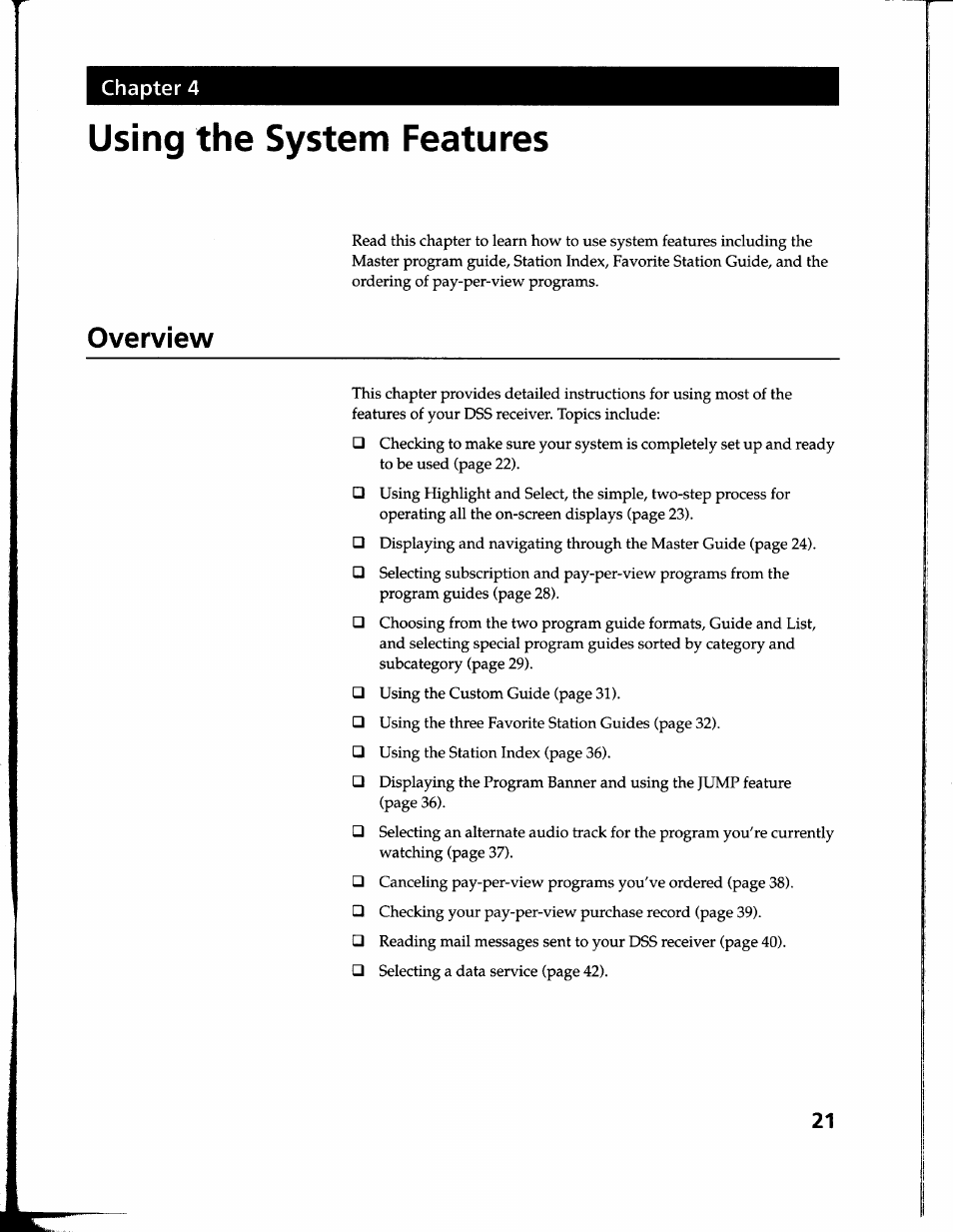 Overview, Using the system features | Sony SAT-B1 User Manual | Page 19 / 74