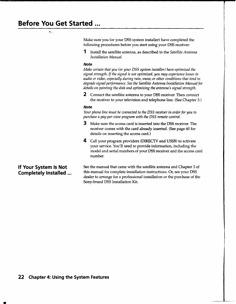 Before you get started, If your system is not completely installed | Sony SAT-B1 User Manual | Page 20 / 74