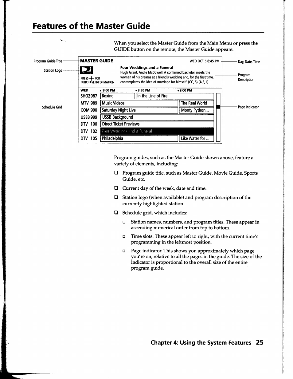 Features of the master guide, Chapter 4: using the system features 25 | Sony SAT-B1 User Manual | Page 23 / 74