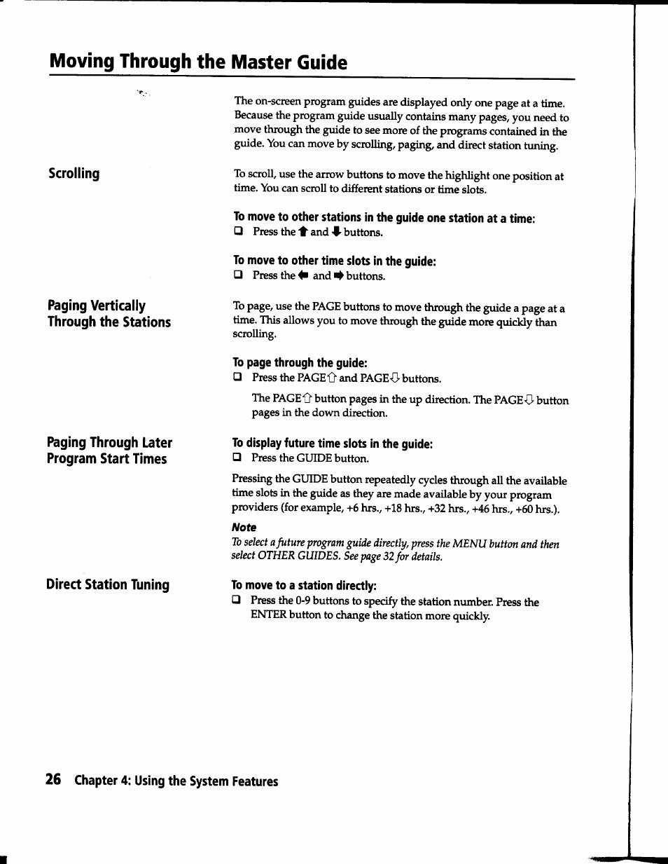 To move to other time slots in the guide, To display future time slots in the guide, To move to a station directly | Moving through the master guide, Scrolling | Sony SAT-B1 User Manual | Page 24 / 74