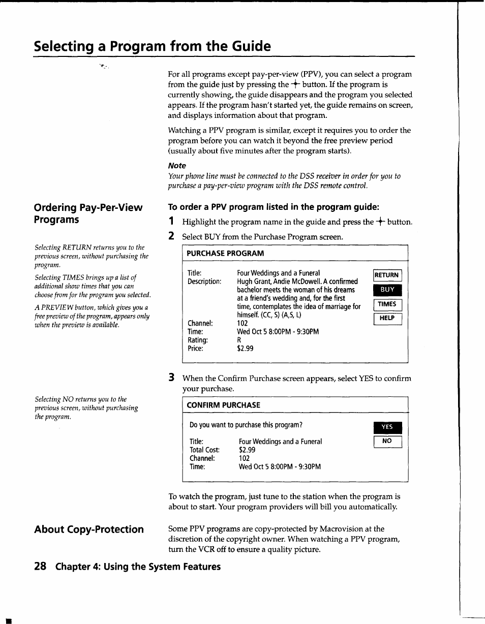 Selecting a program from the guide, To order a ppv program listed in the program guide, Ordering pay-per-view programs | About copy-protection | Sony SAT-B1 User Manual | Page 26 / 74