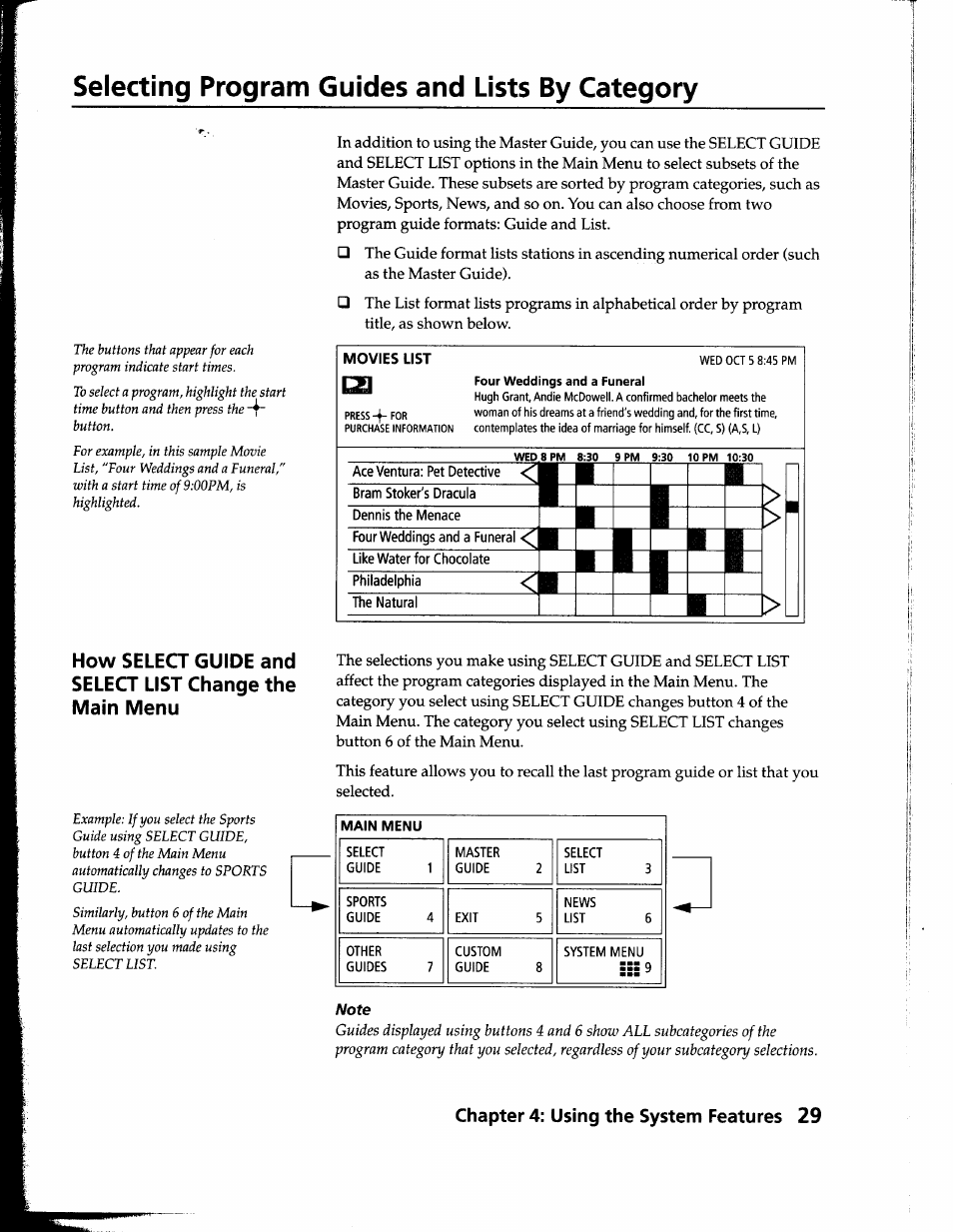 Selecting program guides and lists by category, Chapter 4; using the system features 29, Movies list | Main menu | Sony SAT-B1 User Manual | Page 27 / 74