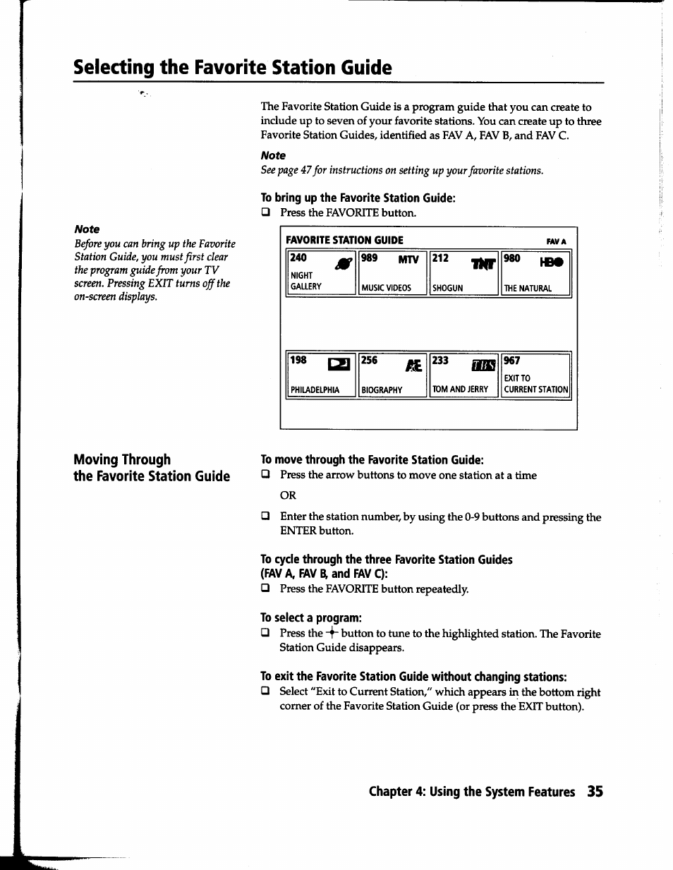 Selecting the favorite station guide, To bring up the favorite station guide, To move through the favorite station guide | To select a program, Moving through the favorite station guide | Sony SAT-B1 User Manual | Page 33 / 74