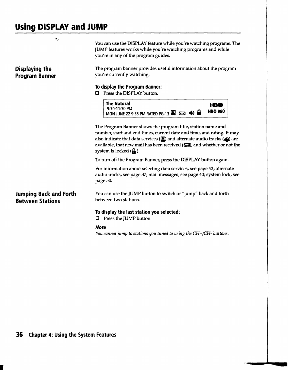 Using display and jump, To display the program banner, The natural | To display the last station you selected | Sony SAT-B1 User Manual | Page 34 / 74