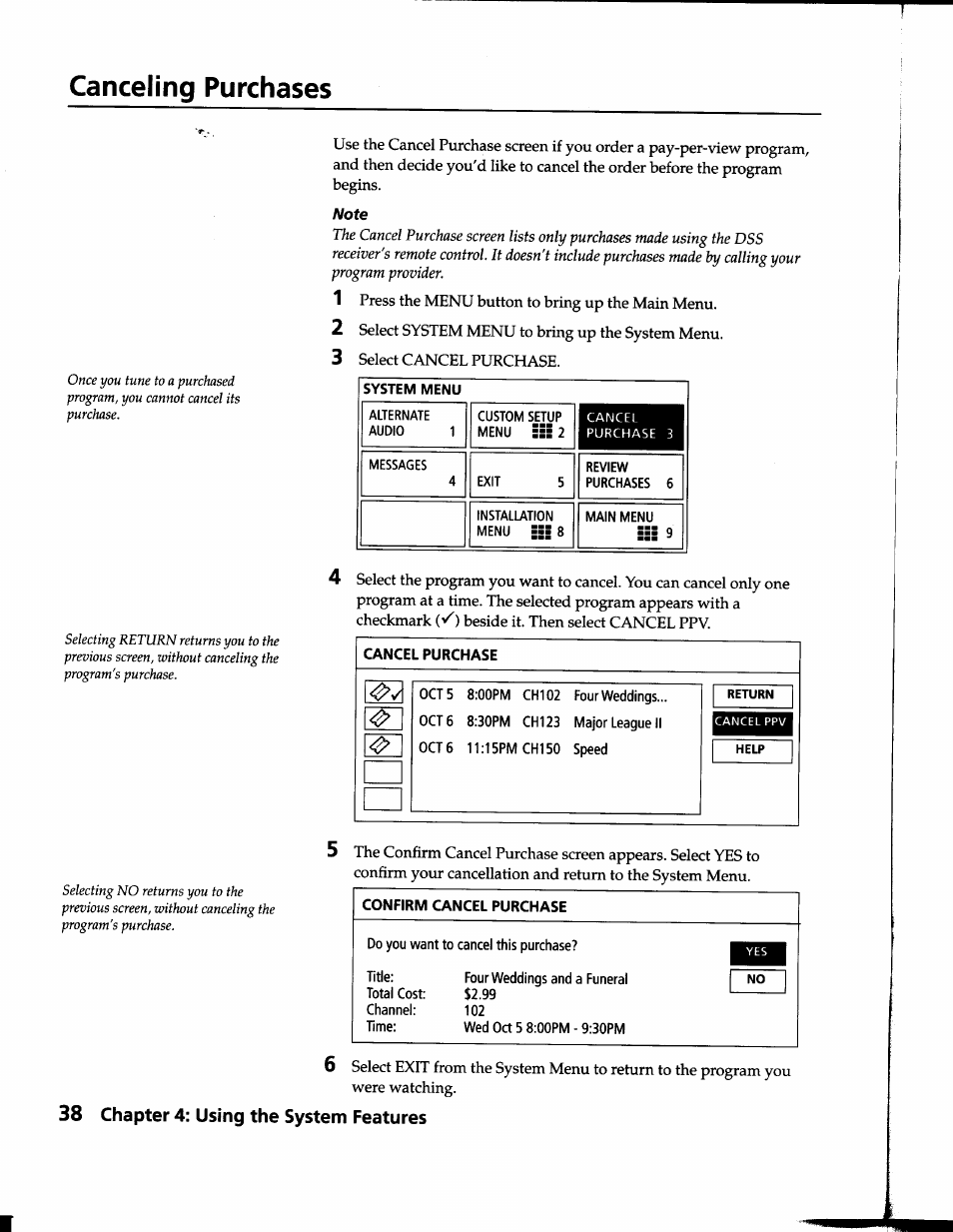 Canceling purchases, Chapter 4: using the system features | Sony SAT-B1 User Manual | Page 36 / 74