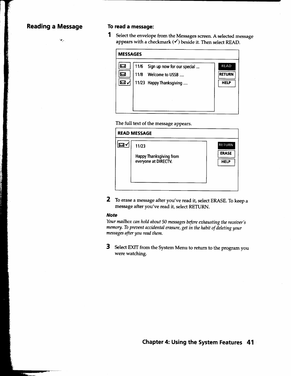 To read a message, Read message, Reading a message | Sony SAT-B1 User Manual | Page 39 / 74