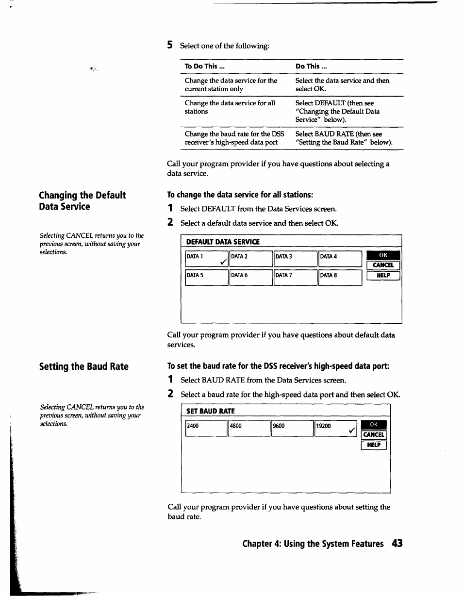 To change the data service for all stations, Changing the default data service, Setting the baud rate | Sony SAT-B1 User Manual | Page 41 / 74