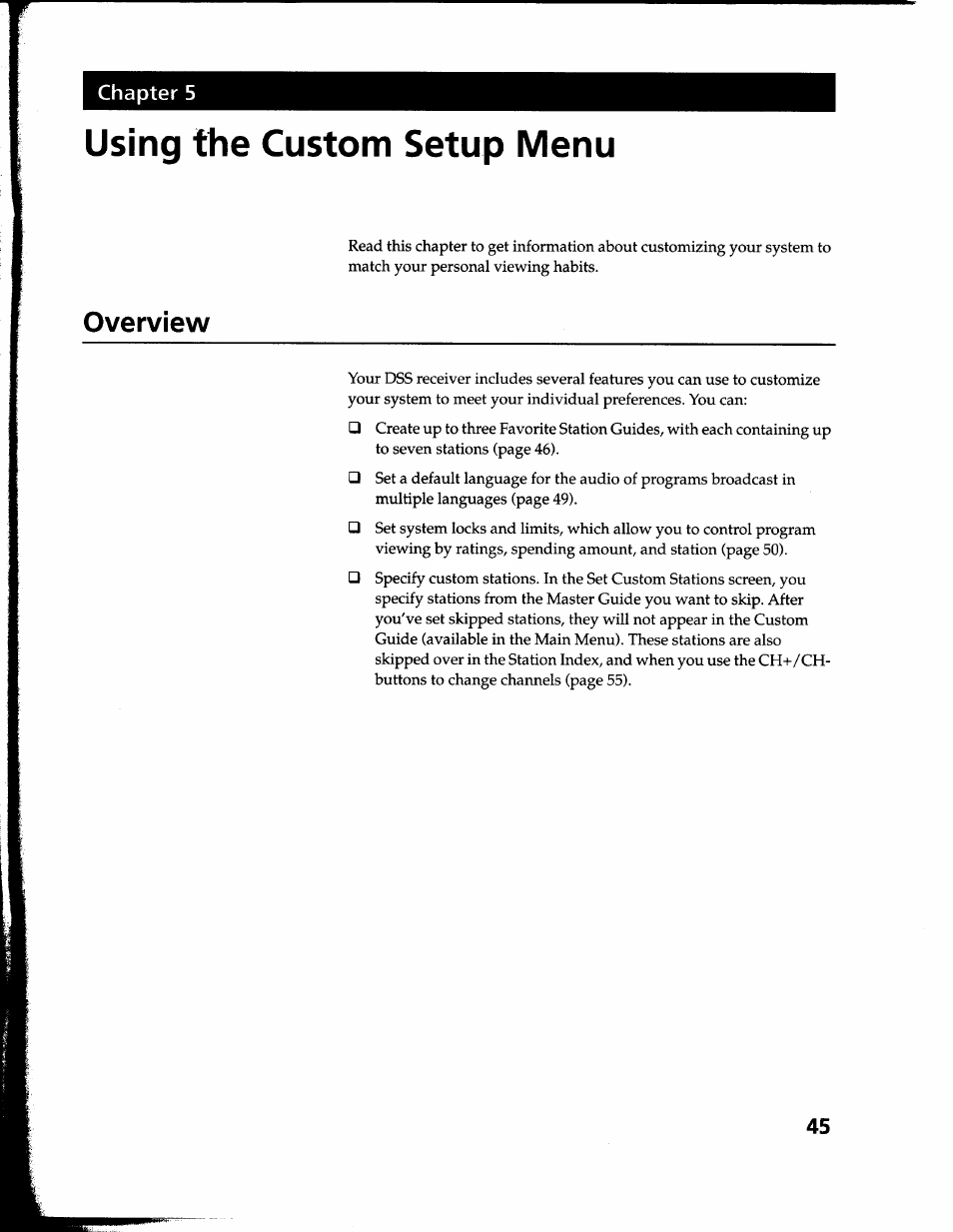 Overview, Using the custom setup menu | Sony SAT-B1 User Manual | Page 42 / 74