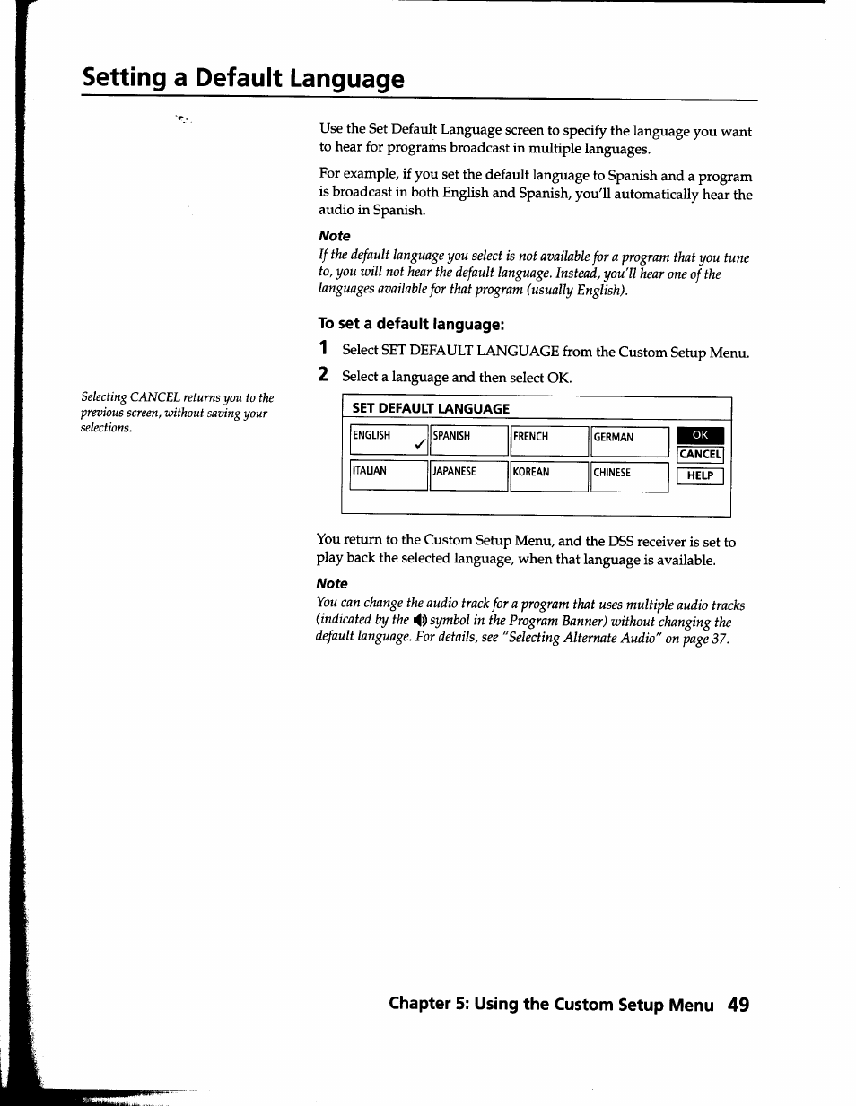 Setting a default language, To set a default language | Sony SAT-B1 User Manual | Page 46 / 74