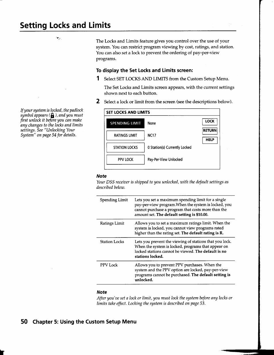 Setting locks and limits, To display the set locks and limits screen | Sony SAT-B1 User Manual | Page 47 / 74