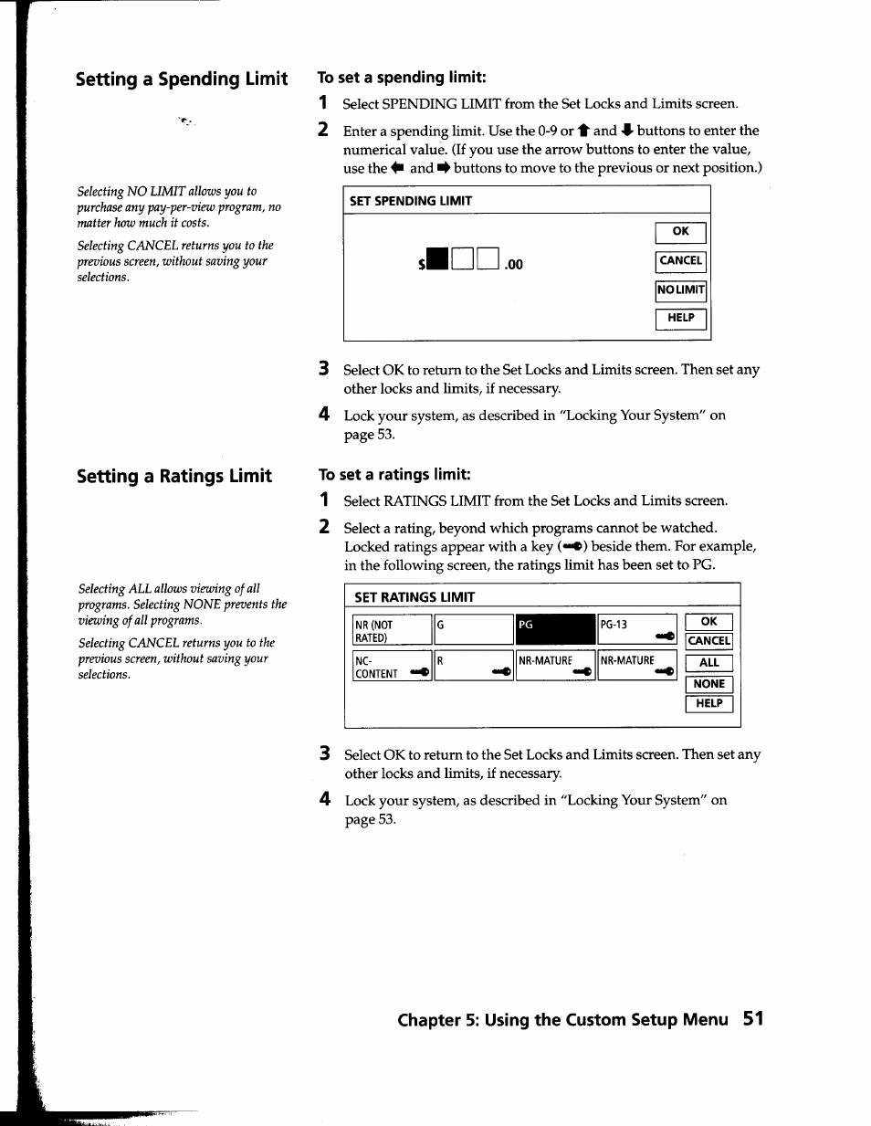 Setting a spending limit to set a spending limit, To set a ratings limit, Setting a spending limit | Setting a ratings limit | Sony SAT-B1 User Manual | Page 48 / 74