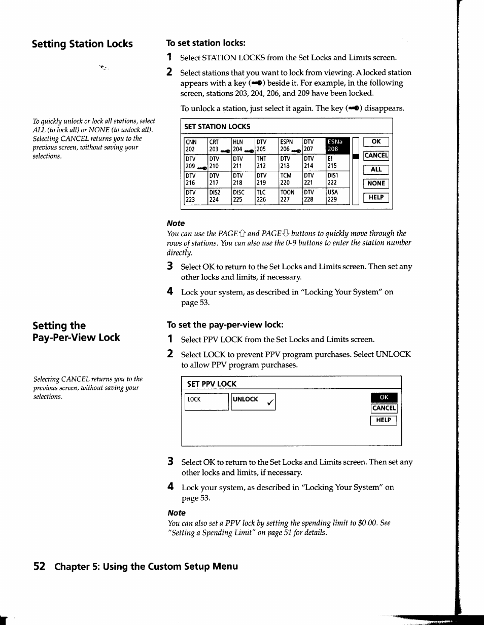 To set station locks, To set the pay-per-view lock, Setting station locks | Setting the pay-per-view lock, 52 chapter 5: using the custom setup menu | Sony SAT-B1 User Manual | Page 49 / 74