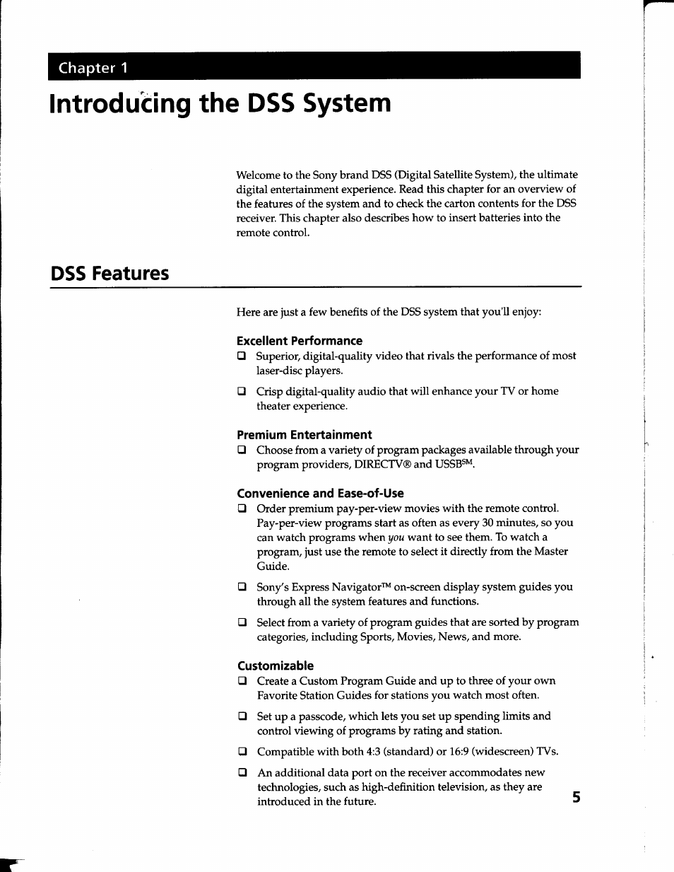 Excellent performance, Premium entertainment, Convenience and ease-of-use | Customizable, Introducing the dss system, Dss features | Sony SAT-B1 User Manual | Page 5 / 74