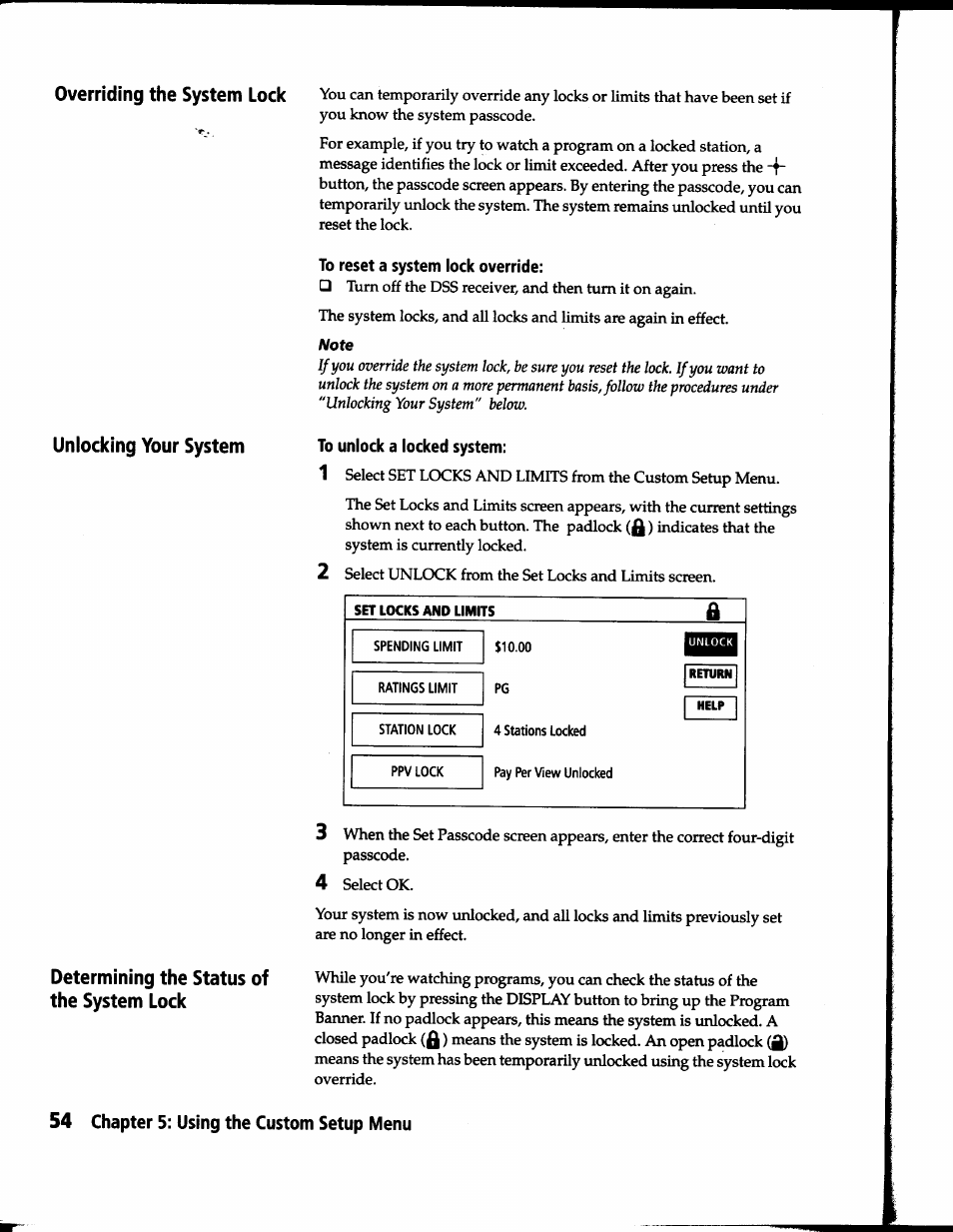 To reset a system lock override, To unlock a locked system, Overriding the system lock | Sony SAT-B1 User Manual | Page 51 / 74