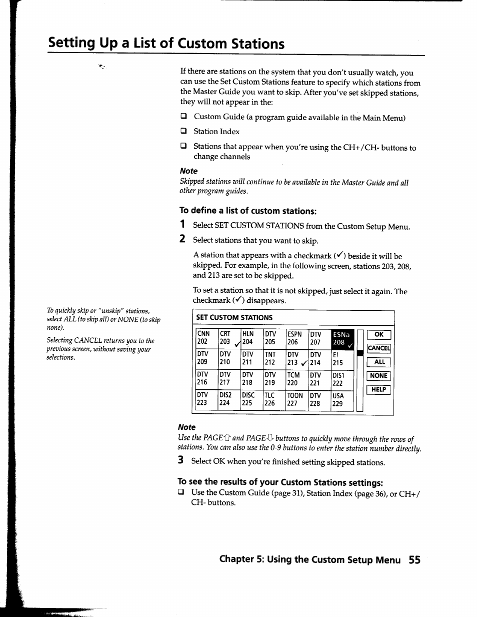 Setting up a list of custom stations, To define a list of custom stations, Chapter 5: using the custom setup menu 55 | Sony SAT-B1 User Manual | Page 52 / 74