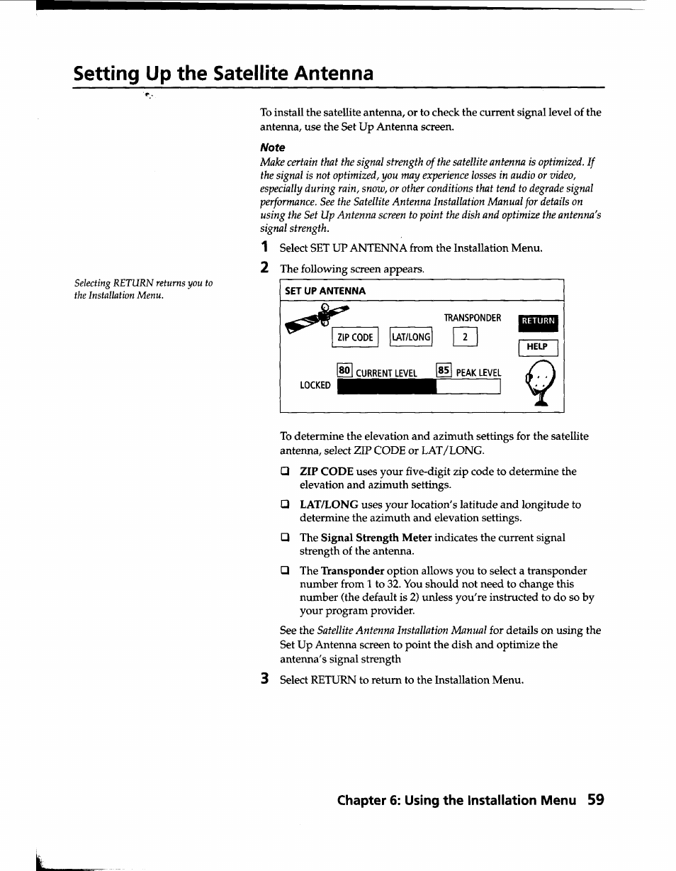 Setting up the satellite antenna | Sony SAT-B1 User Manual | Page 55 / 74