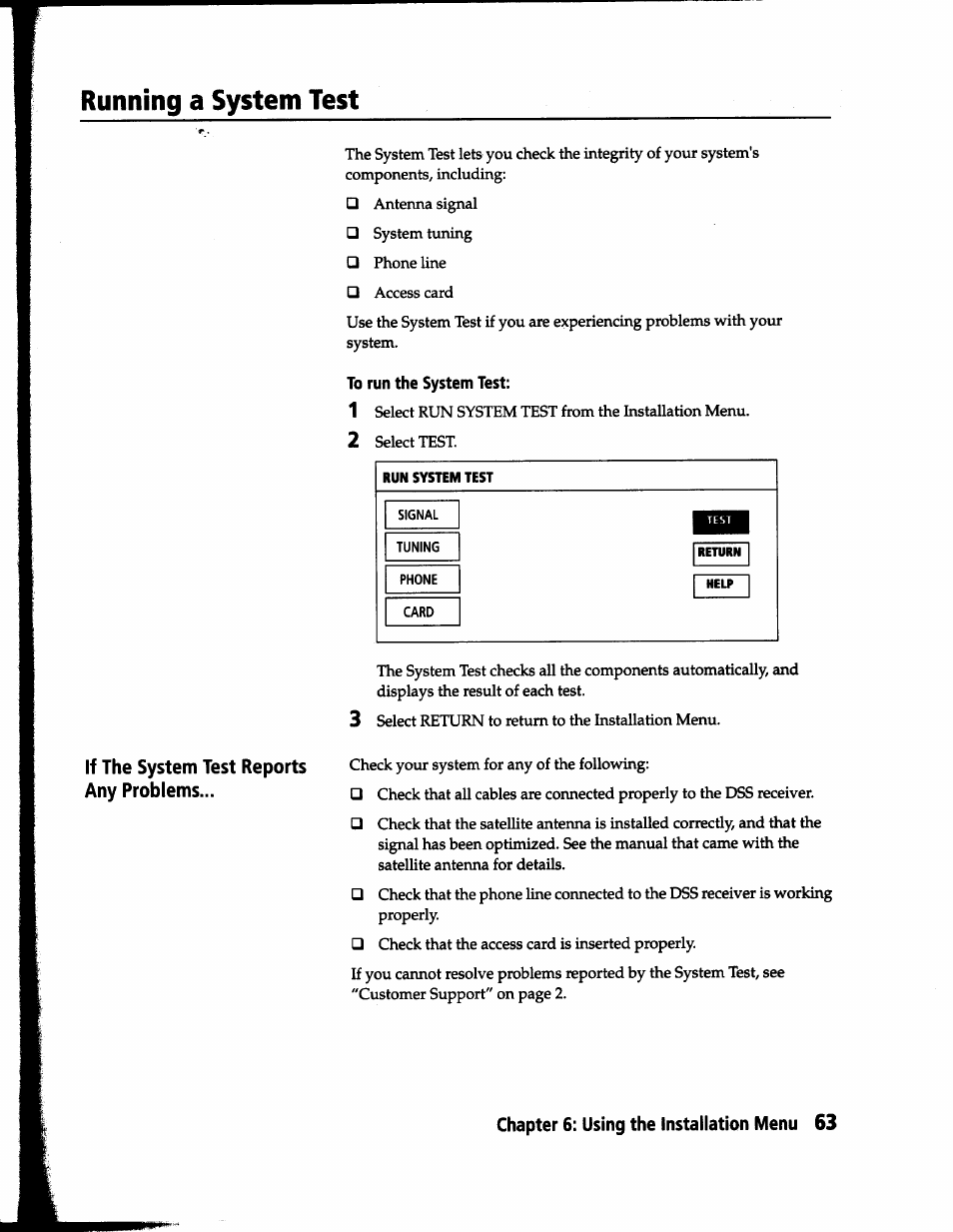 Running a system test, To run the system test, If the system test reports any problems | Sony SAT-B1 User Manual | Page 59 / 74