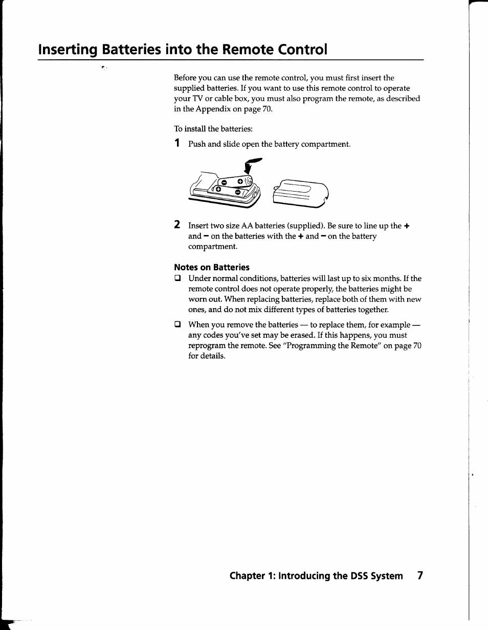 Inserting batteries into the remote control, Notes on batteries | Sony SAT-B1 User Manual | Page 7 / 74