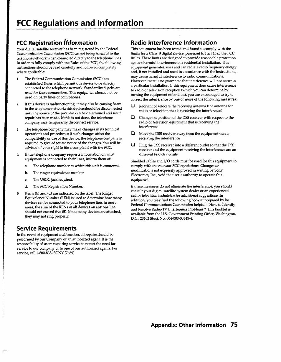 Fcc regulations and information, Fcc registration rhformation, Service requirements | Radio interference information | Sony SAT-B1 User Manual | Page 70 / 74