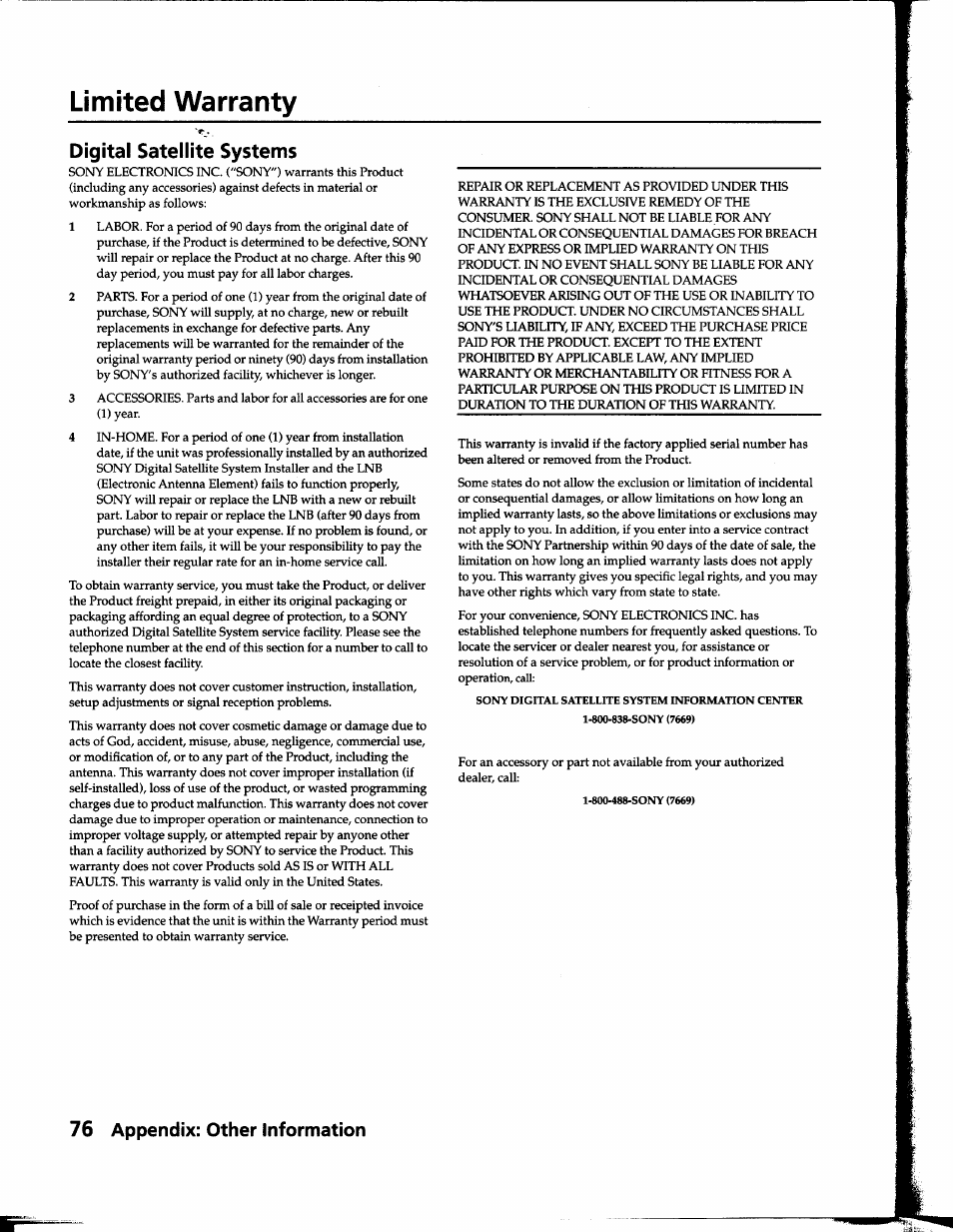 Limited warranty, Digital satellite systems | Sony SAT-B1 User Manual | Page 71 / 74