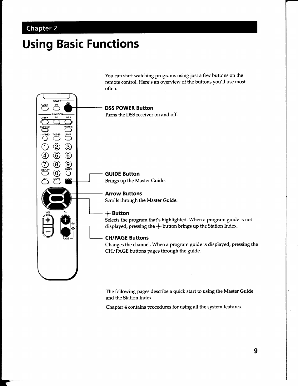 Dss power button, Guide button, Arrow buttons | Button, Using basic functions, D (d ® (d, O o o, O (0) o | Sony SAT-B1 User Manual | Page 8 / 74