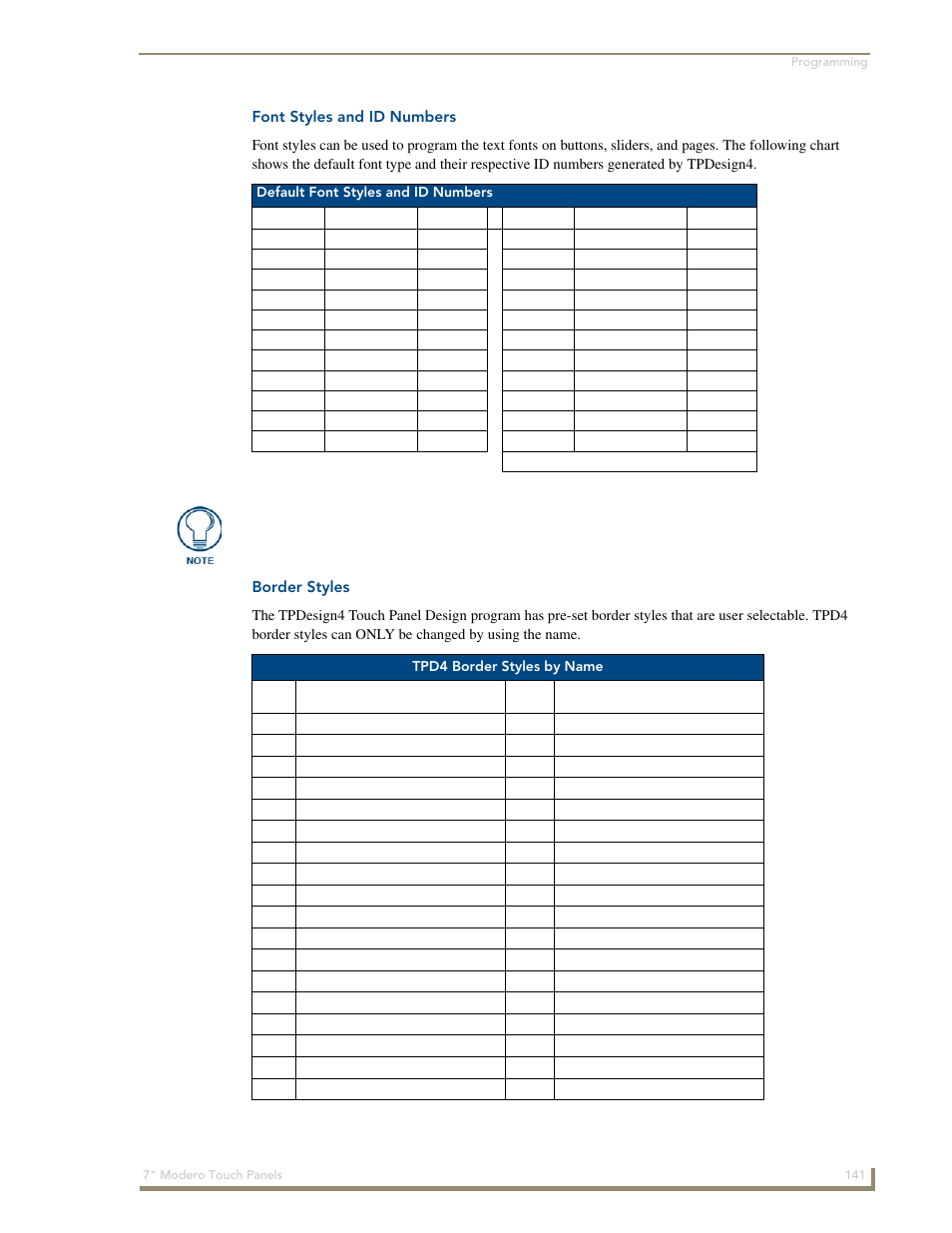 Font styles and id numbers, Border styles | AMX Modero CV7 User Manual | Page 153 / 220