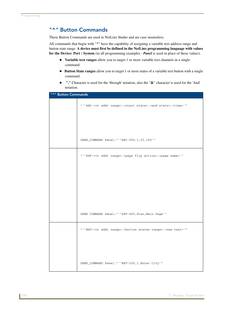 Button commands, Ani ^apf ^bat | AMX Modero CV7 User Manual | Page 156 / 220