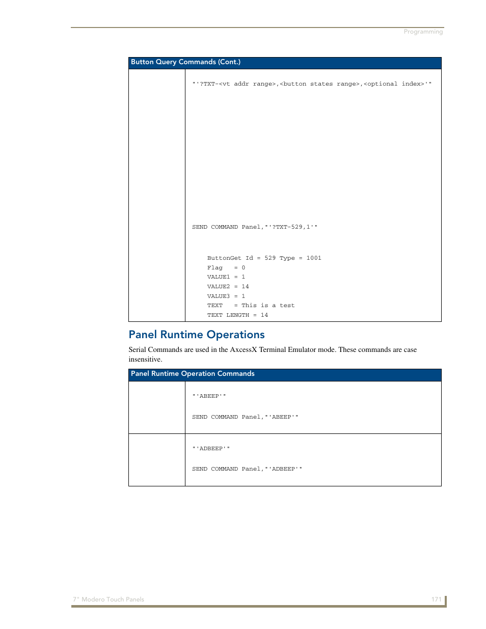 Panel runtime operations, Abeep, Adbeep | Abeep adbeep ?txt | AMX Modero CV7 User Manual | Page 183 / 220