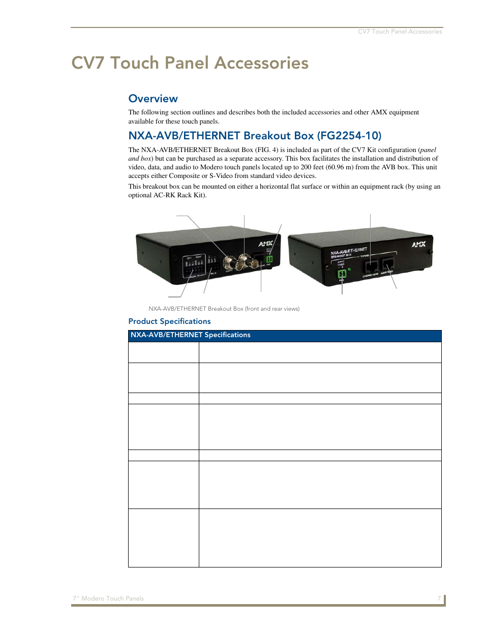 Cv7 touch panel accessories, Overview, Nxa-avb/ethernet breakout box (fg2254-10) | Product specifications | AMX Modero CV7 User Manual | Page 19 / 220