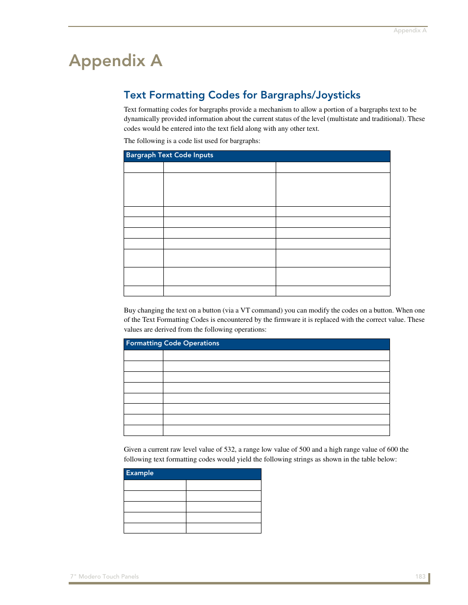 Appendix a, Text formatting codes for bargraphs/joysticks | AMX Modero CV7 User Manual | Page 195 / 220