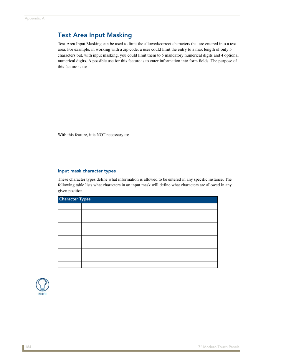 Text area input masking, Input mask character types | AMX Modero CV7 User Manual | Page 196 / 220