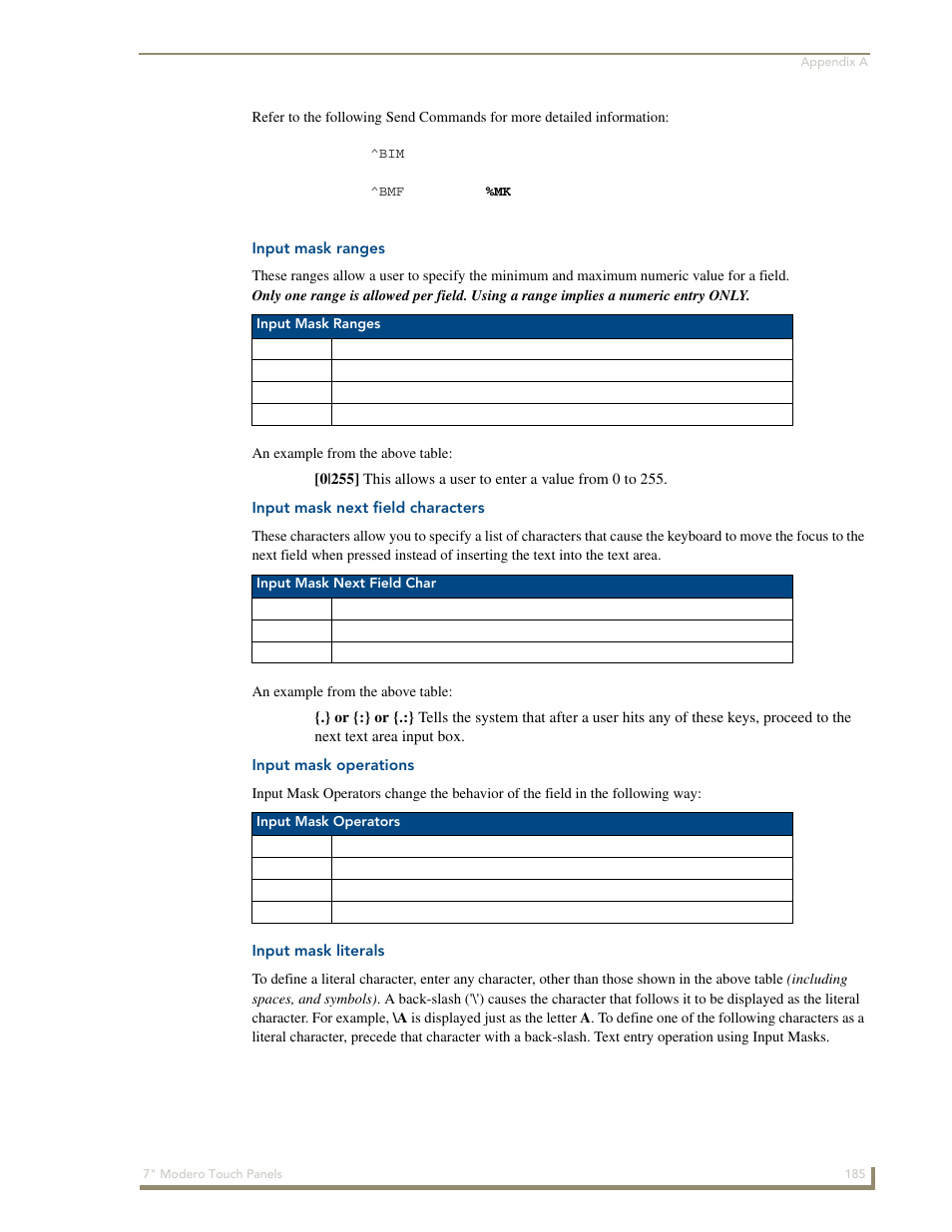 Input mask ranges, Input mask next field characters, Input mask operations | Input mask literals | AMX Modero CV7 User Manual | Page 197 / 220