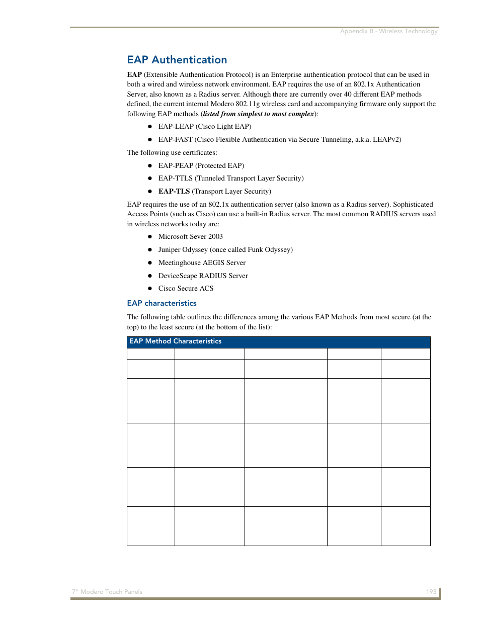 Eap authentication, Eap characteristics | AMX Modero CV7 User Manual | Page 205 / 220