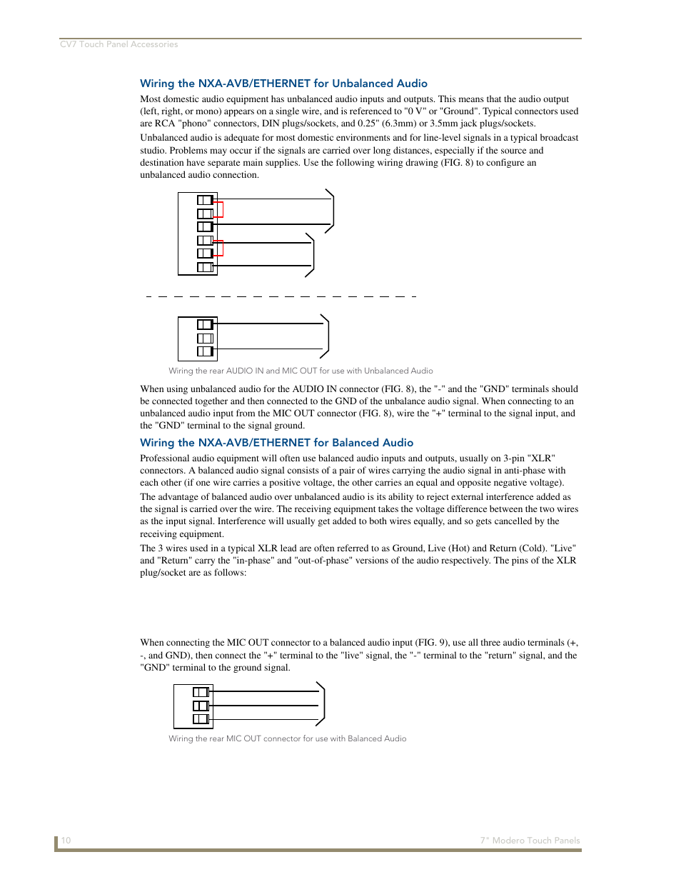 Wiring the nxa-avb/ethernet for unbalanced audio, Wiring the nxa-avb/ethernet for balanced audio | AMX Modero CV7 User Manual | Page 22 / 220