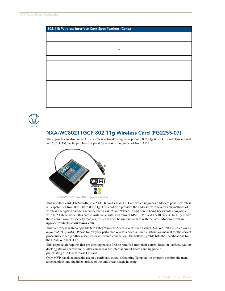 Nxa-wc80211gcf 802.11g wireless card (fg2255-07) | AMX Modero CV7 User Manual | Page 26 / 220