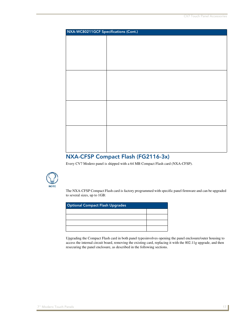 Nxa-cfsp compact flash (fg2116-3x) | AMX Modero CV7 User Manual | Page 29 / 220