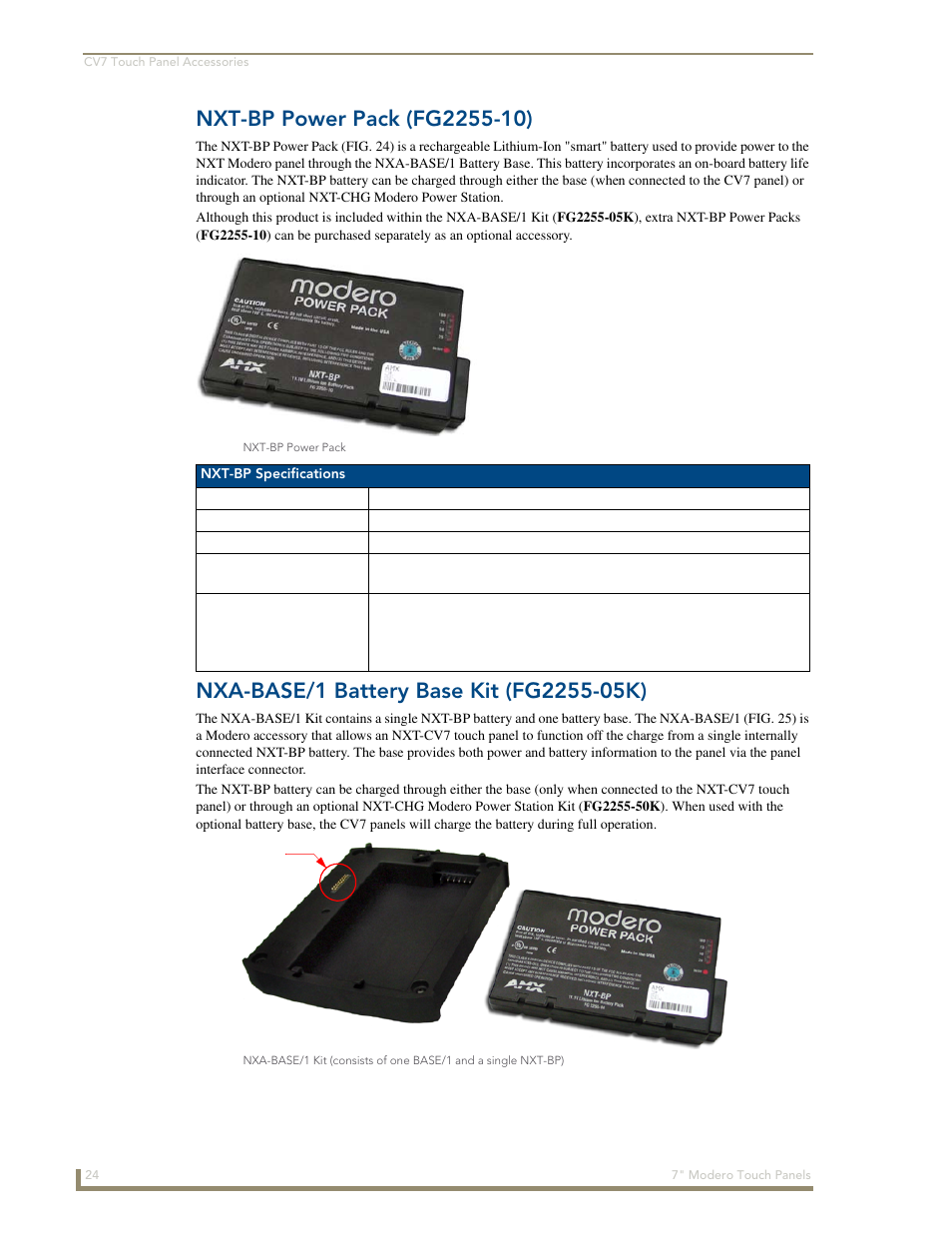 Nxt-bp power pack (fg2255-10), Nxa-base/1 battery base kit (fg2255-05k) | AMX Modero CV7 User Manual | Page 36 / 220