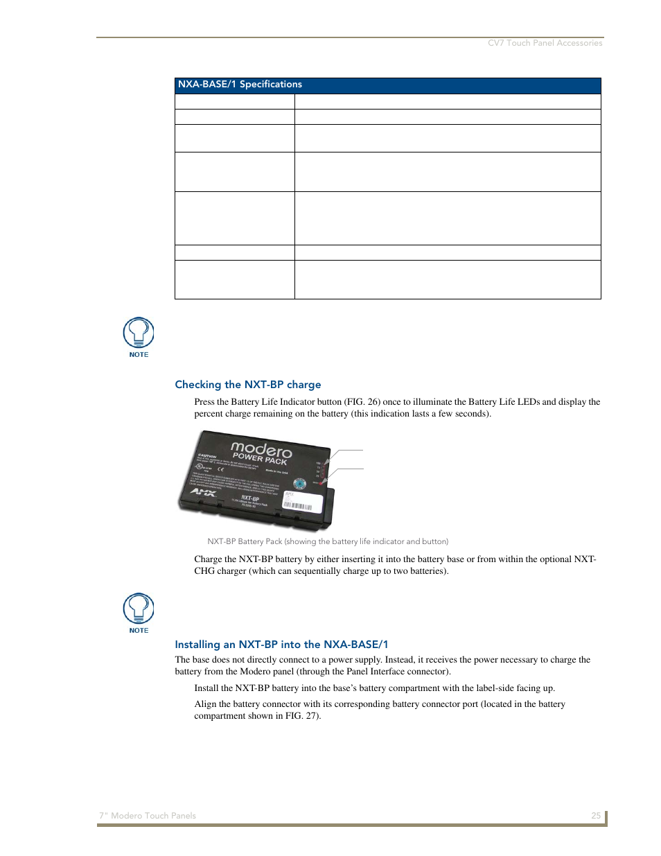 Checking the nxt-bp charge, Installing an nxt-bp into the nxa-base/1 | AMX Modero CV7 User Manual | Page 37 / 220