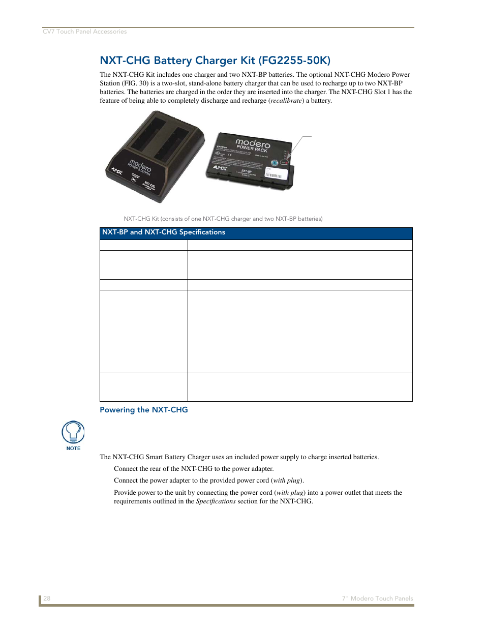 Nxt-chg battery charger kit (fg2255-50k), Powering the nxt-chg | AMX Modero CV7 User Manual | Page 40 / 220