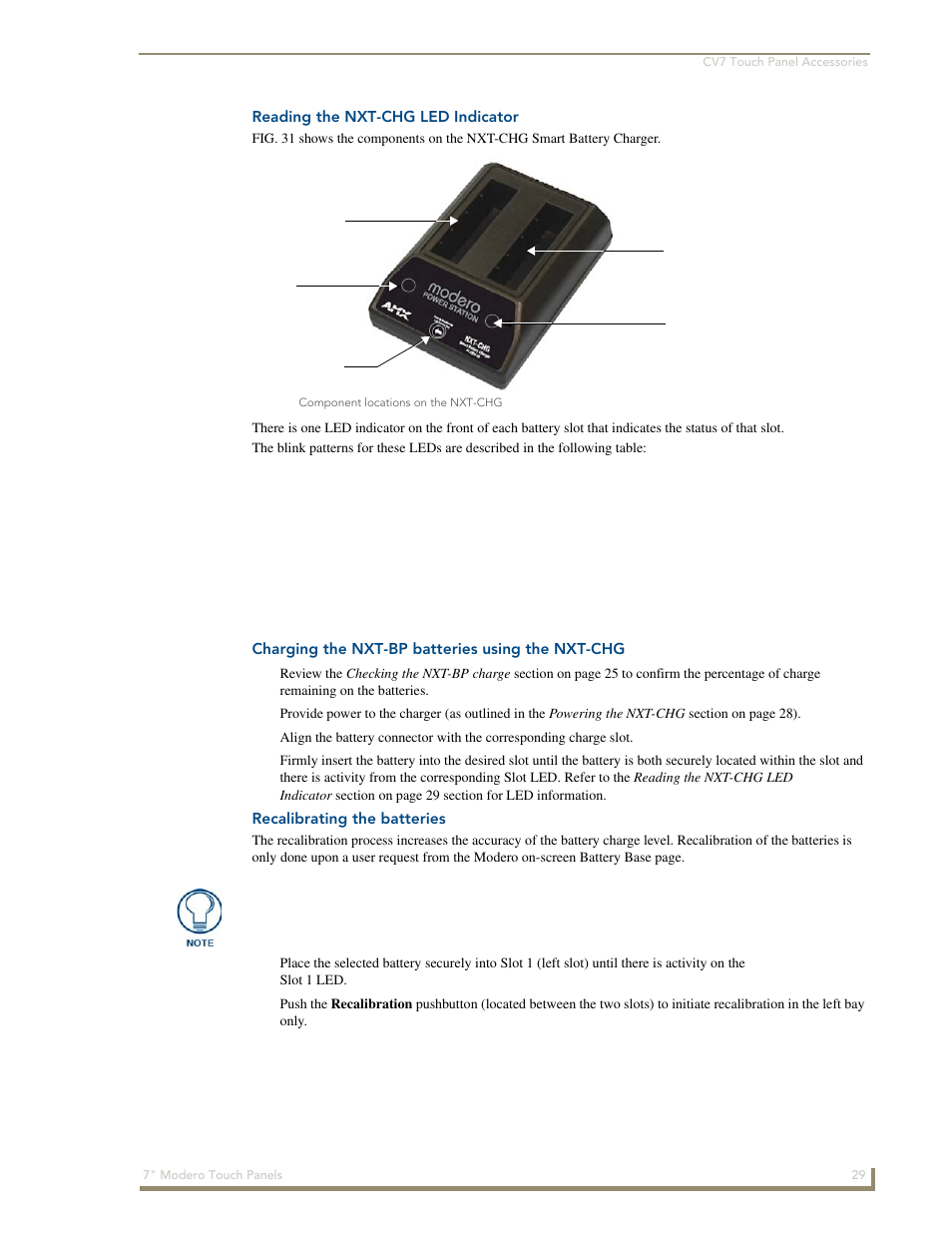 Reading the nxt-chg led indicator, Charging the nxt-bp batteries using the nxt-chg, Recalibrating the batteries | AMX Modero CV7 User Manual | Page 41 / 220