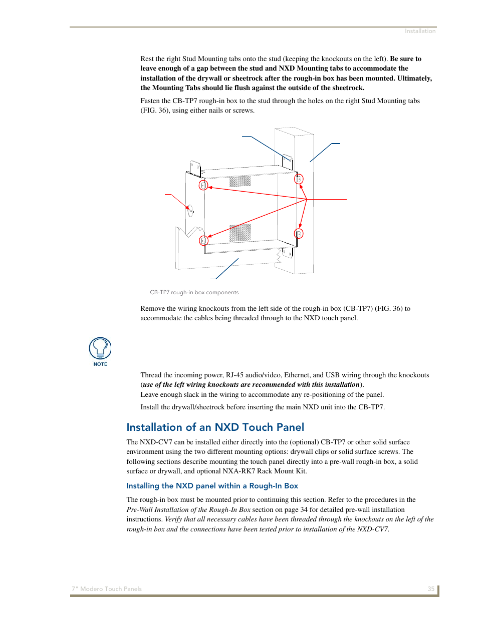 Installation of an nxd touch panel, Installing the nxd panel within a rough-in box | AMX Modero CV7 User Manual | Page 47 / 220