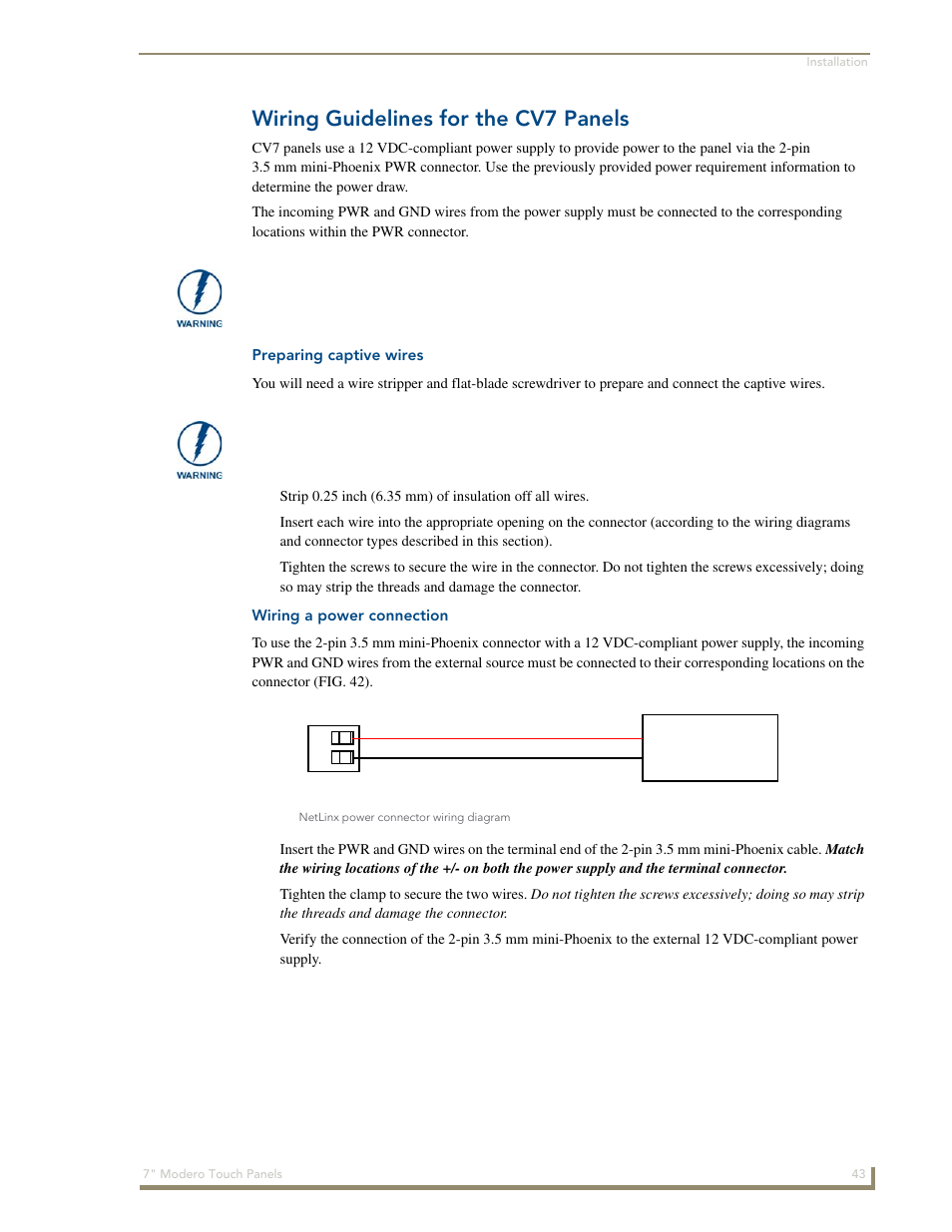 Wiring guidelines for the cv7 panels, Preparing captive wires, Wiring a power connection | AMX Modero CV7 User Manual | Page 55 / 220