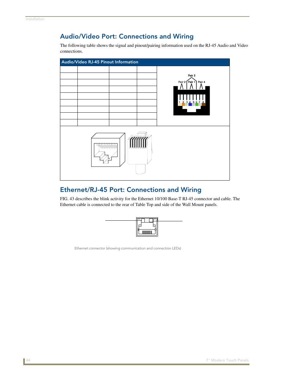 Audio/video port: connections and wiring, Ethernet/rj-45 port: connections and wiring | AMX Modero CV7 User Manual | Page 56 / 220