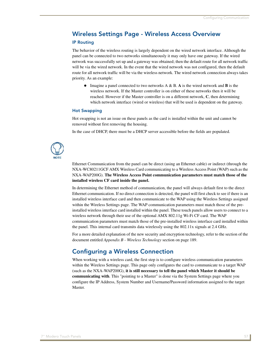 Ip routing, Hot swapping, Configuring a wireless connection | Wireless settings page - wireless access overview | AMX Modero CV7 User Manual | Page 69 / 220