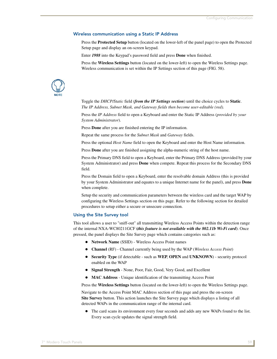 Wireless communication using a static ip address, Using the site survey tool | AMX Modero CV7 User Manual | Page 71 / 220